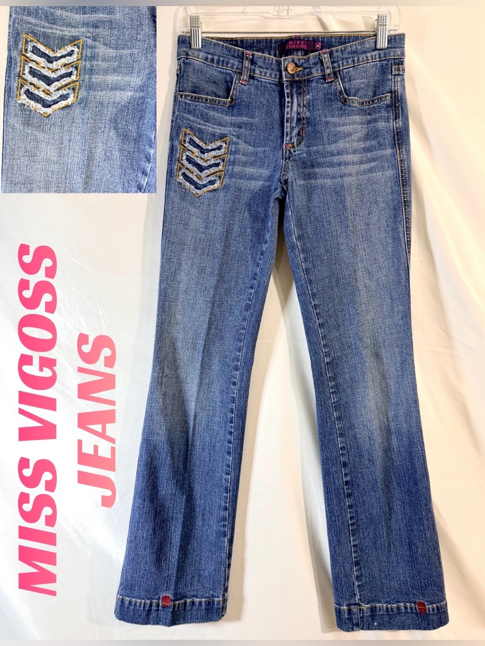 Y2K Miss Vigoss Straight Mid Rise Jeans With Embroidered Front Leg Chevron….